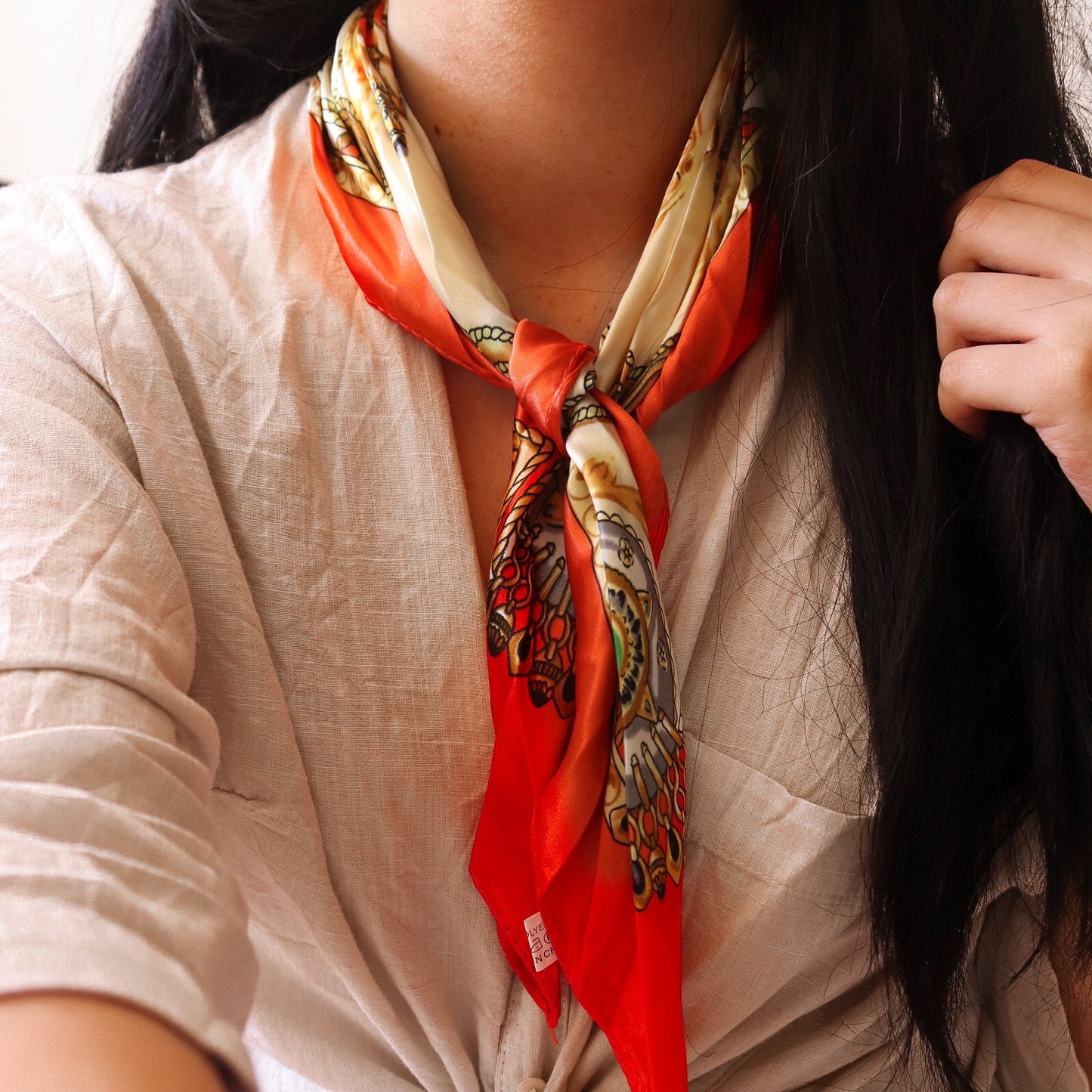 FOULARD EN SOIE - ORANGE \ BEIGE